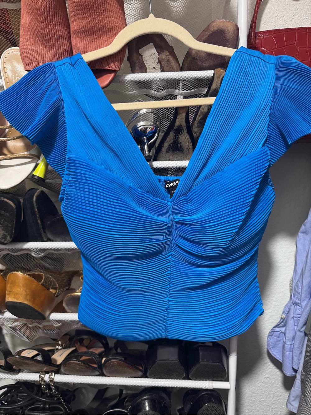 Express Electric Blue Pleated V-Neck Crop Top